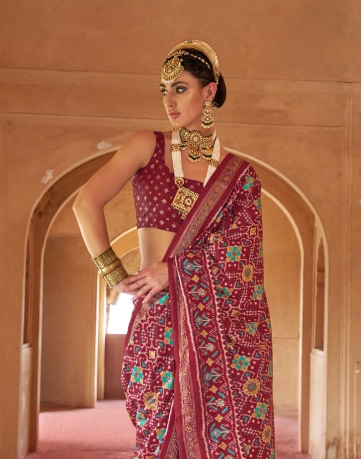 Maroon Patola Silk Readymade/Easy Saree