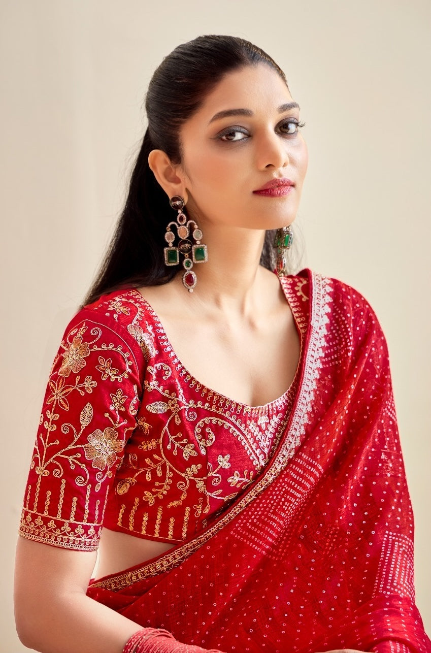 Red Georgette Readymade/Easy Saree