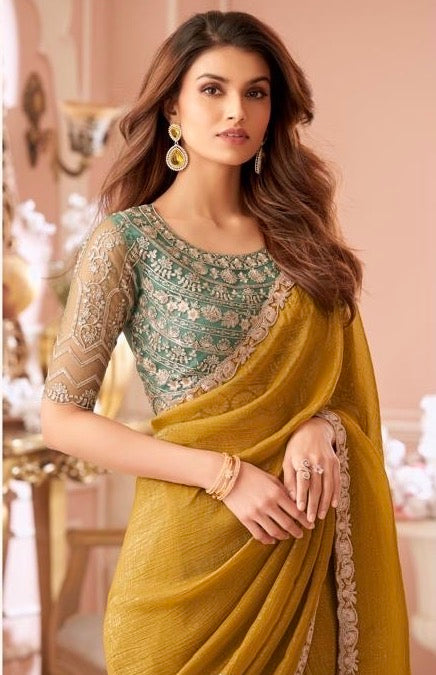 Spanish Yellow Cocktail Readymade Saree With Designer Blouse