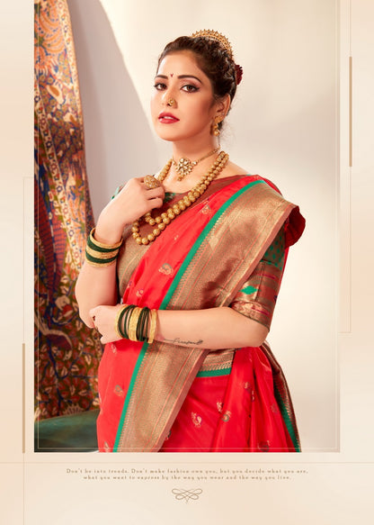 Red Paithani Silk Readymade Saree With Customised Stitched Blouse