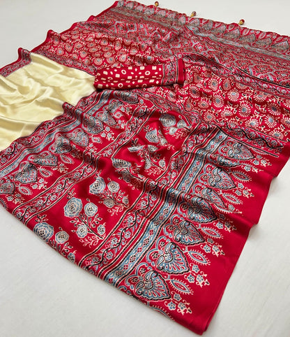 Cream & Red Crepe Silk Readymade/Easy Saree