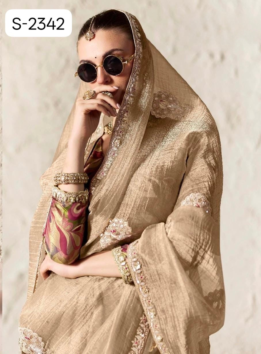 Champagne Fancy Tissue Silk Ready to wear/Easy Saree - Panaash Saree