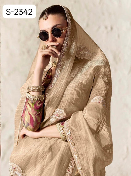Champagne Fancy Tissue Silk Ready to wear/Easy Saree - Panaash Saree