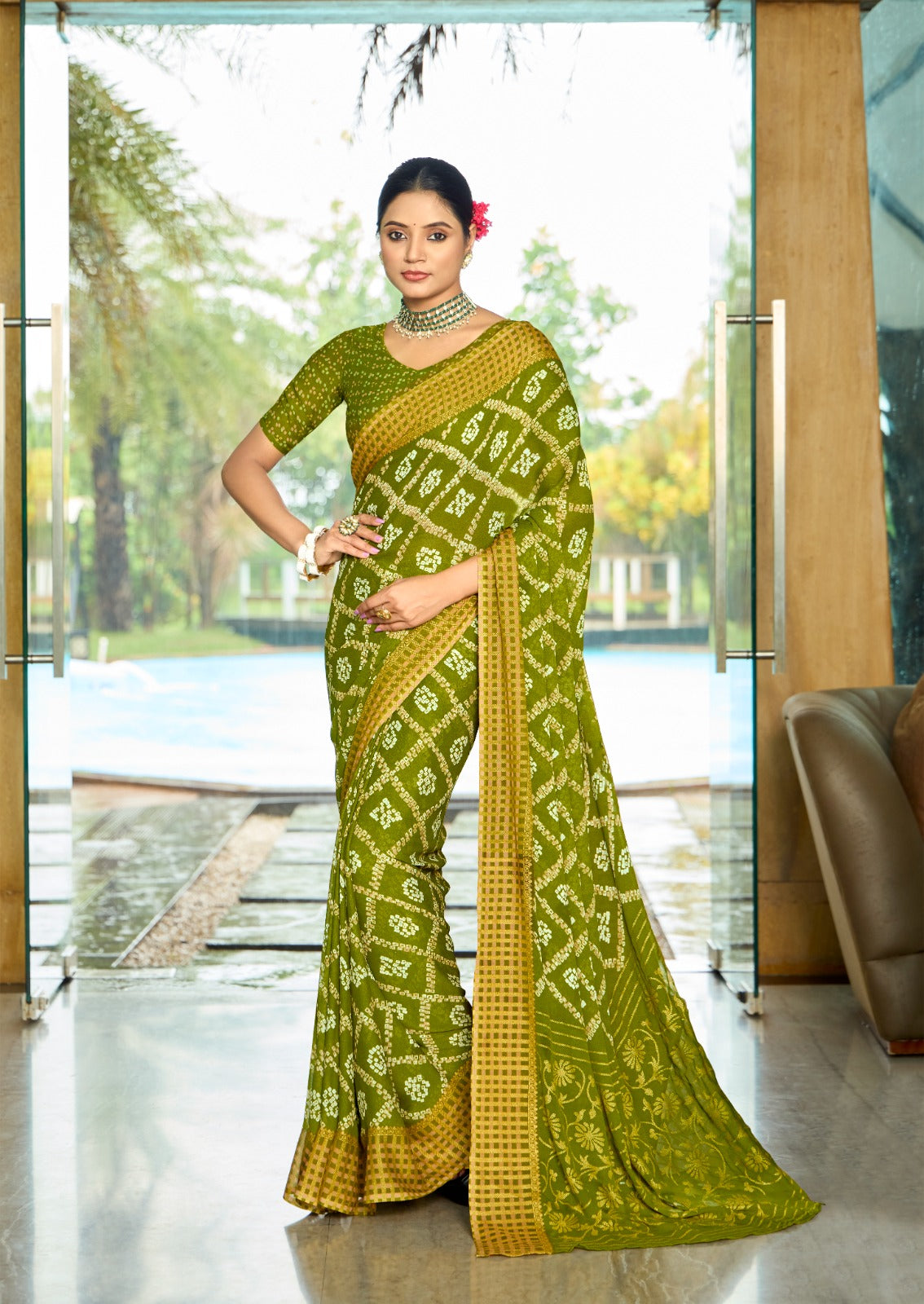 Green Color Georgette Readymade/Easy Saree