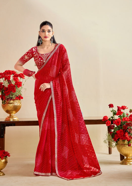 Red Georgette Readymade/Easy Saree