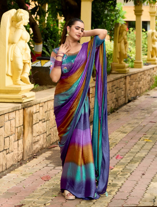 Multicolor Purple Georgette Readymade/Easy Saree