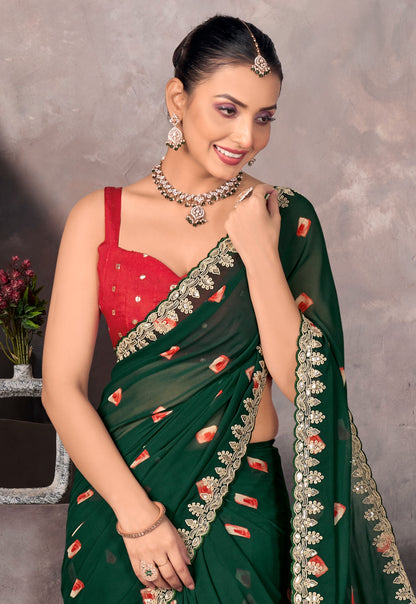 Bottle Green Georgette Readymade/Easy Saree
