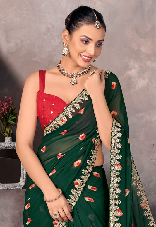 Bottle Green Georgette Readymade/Easy Saree