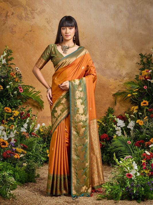 Orange Tone Kanjivaram Silk Readymade/Easy Saree