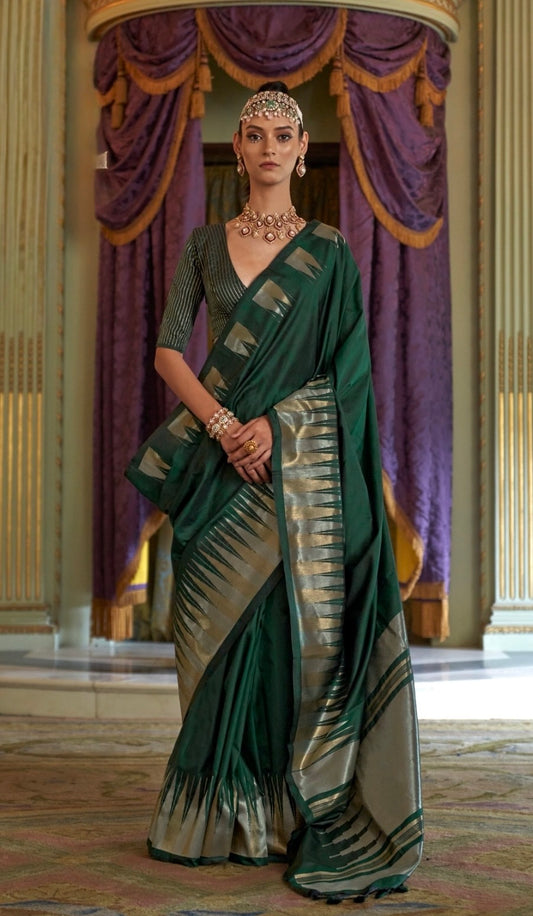 Dark Green Kanjivaram Silk Readymade/Easy Saree