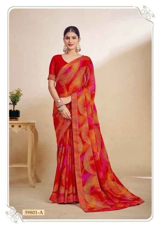 Red Chiffon Casual Readymade/Easy Saree
