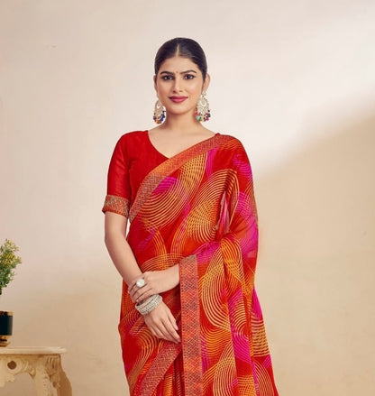 Red Chiffon Casual Readymade/Easy Saree