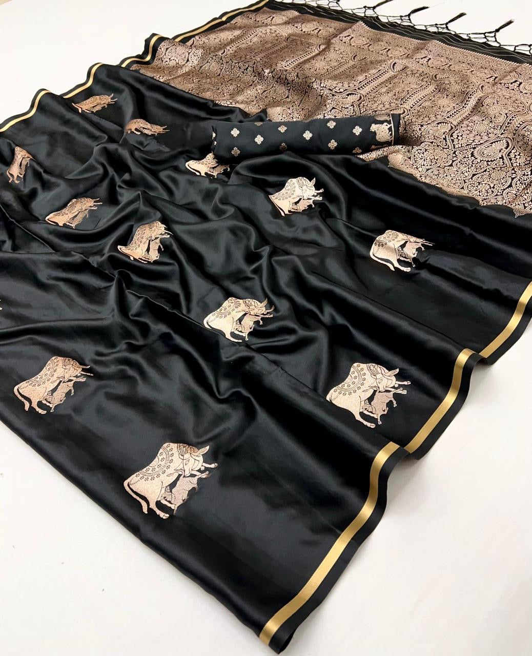 Black Satin Silk Readymade/Easy Saree - Panaash Saree