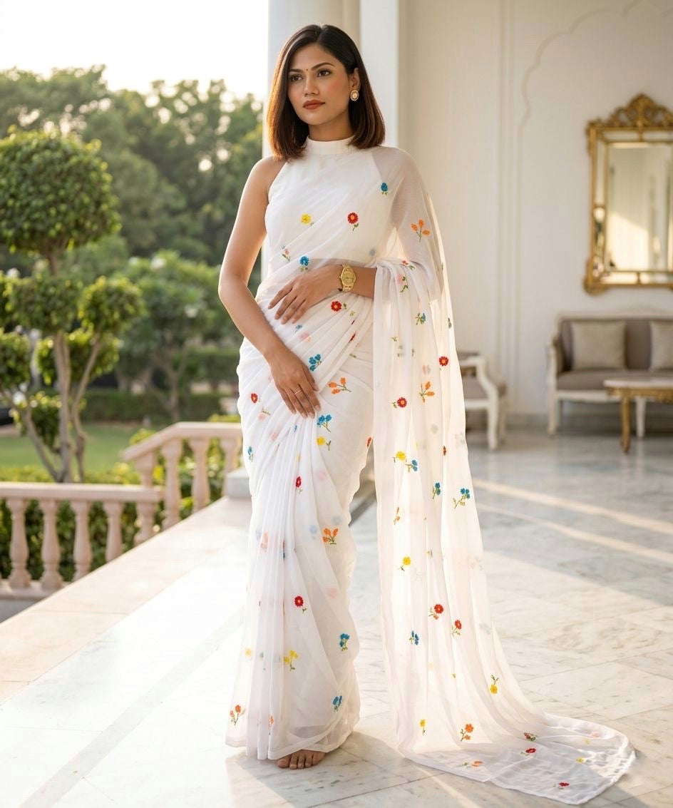 White Mul Cotton Ready To Wear/Easy Saree - Panaash Saree