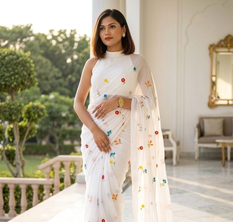White Mul Cotton Ready To Wear/Easy Saree - Panaash Saree