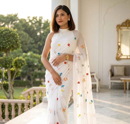 White Mul Cotton Ready To Wear/Easy Saree - Panaash Saree