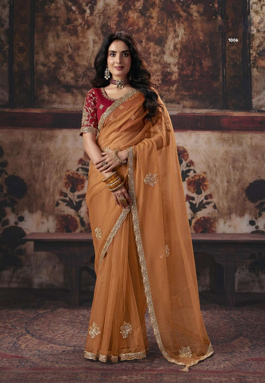 Rust gold soft silk ready-to-wear saree with silver-gold border and red blouse