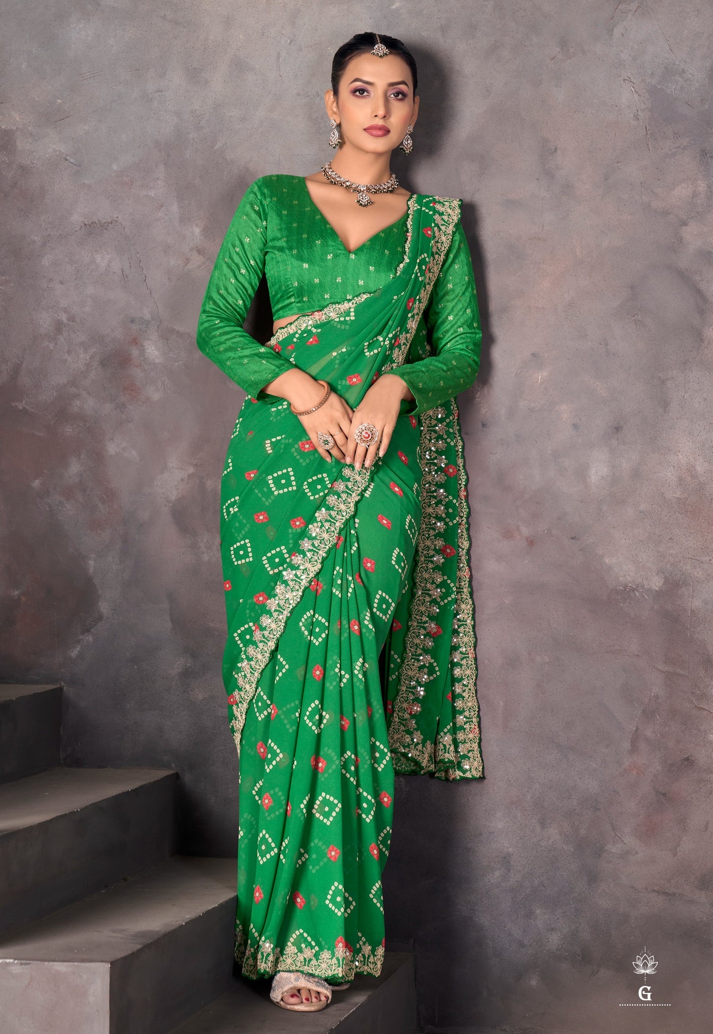 Green Georgette Readymade/Easy Saree