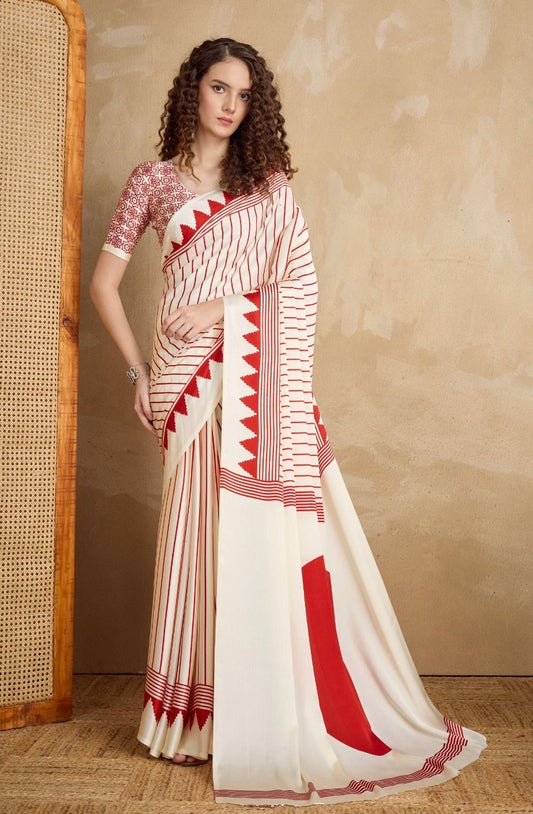 Off-White & Red Crepe Silk Readymade Saree