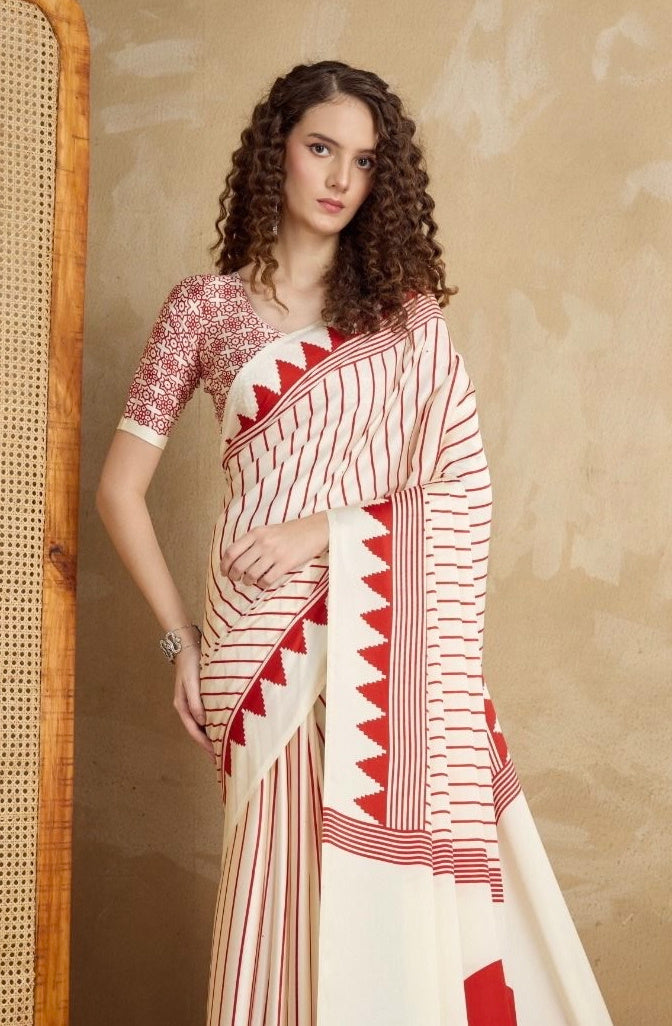 Off-White & Red Crepe Silk Readymade Saree
