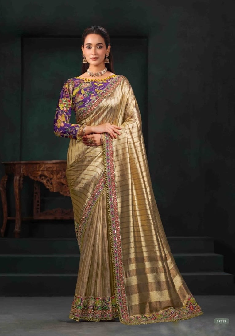 Champagne ready-to-wear saree with gold checks, floral border, and purple printed blouse