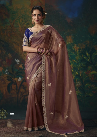 Brown tissue silk ready-to-wear saree with gold embroidered border and motifs, paired with blue blouse.
