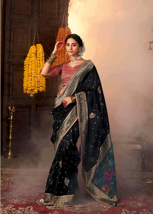 Black Color Banarasi Silk Readymade/Easy Saree