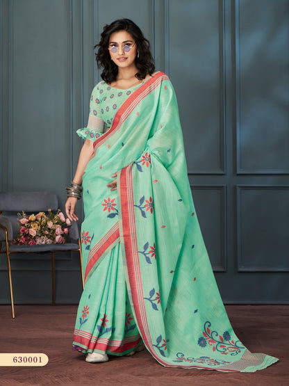 Green Color Resham Woven Cotton Office Wear Easy/Readymade Saree