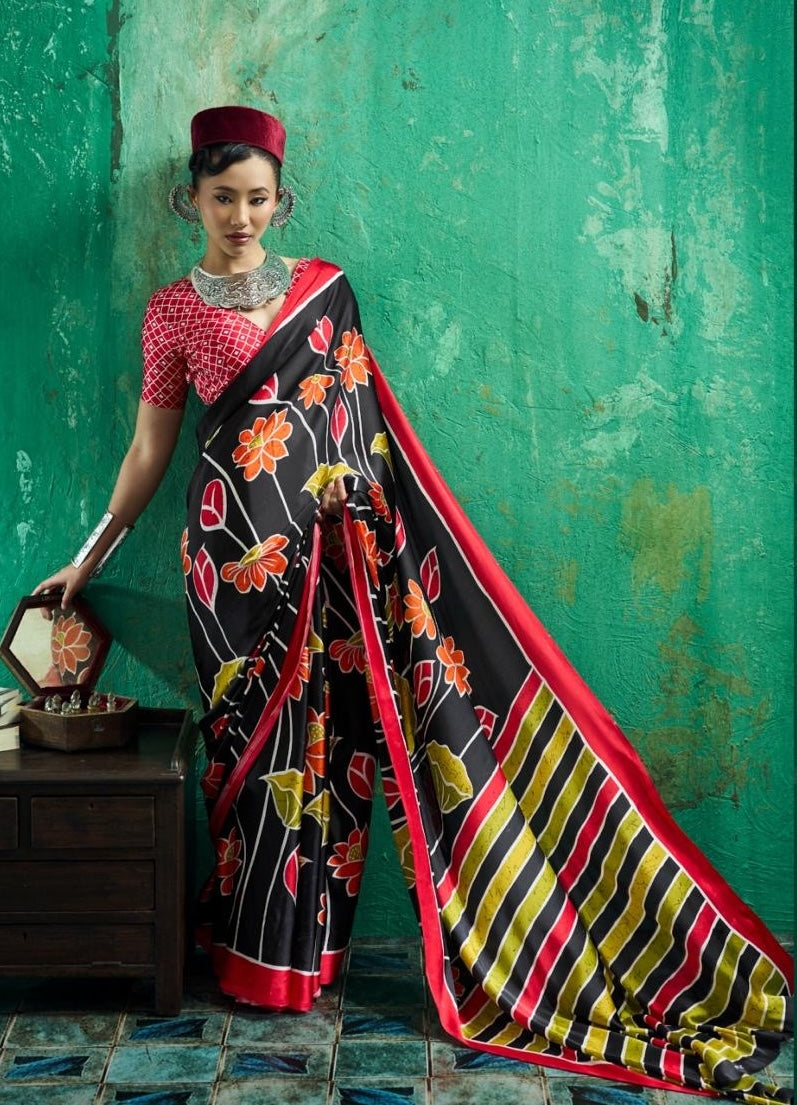 Black Modal Silk Ready To Wear/Easy Saree by StyleByPanaash