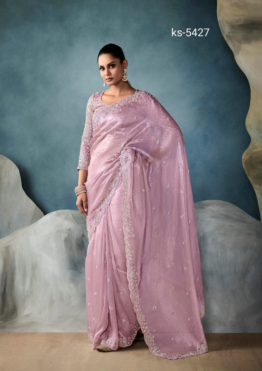 Baby Pink Organza Readymade/Easy Saree With Fancy Blouse Piece