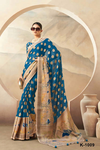 Teal Blue Georgette Readymade/Easy Saree