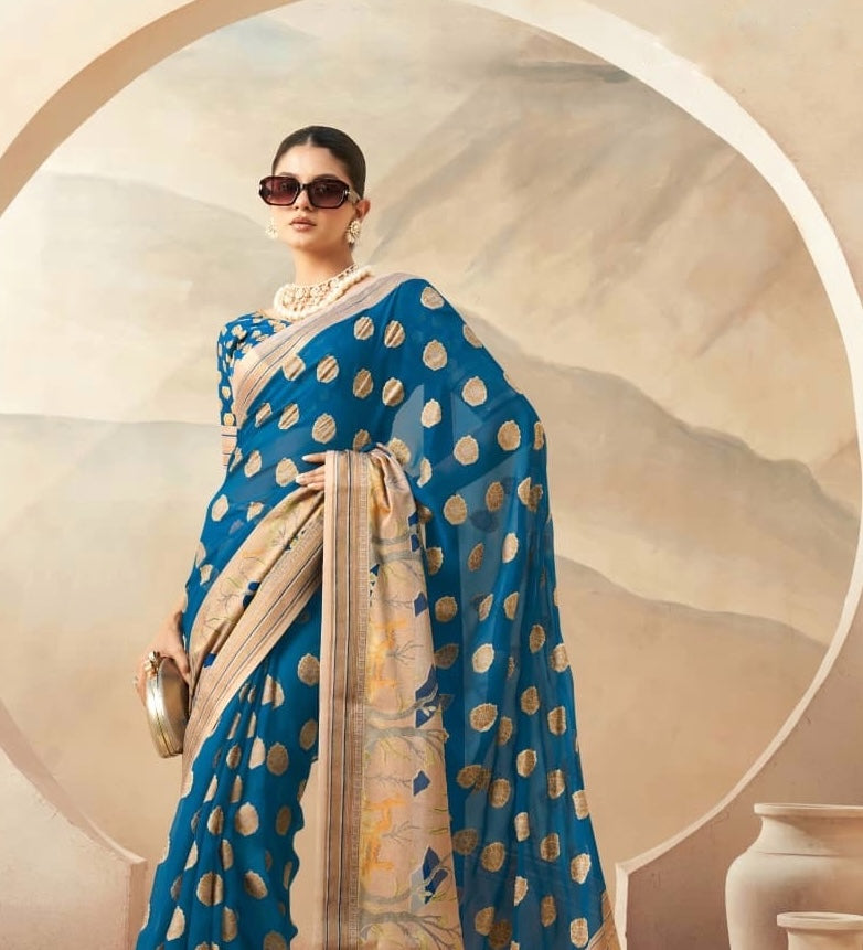 Teal Blue Georgette Readymade/Easy Saree