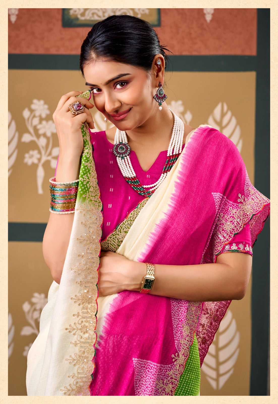 Warm Off White Chiffon Ready To Wear/Easy Saree
