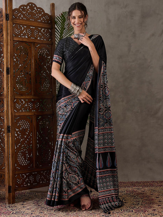 Black Crepe Silk Office wear Readymade/Easy Saree