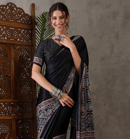 Black Crepe Silk Office wear Readymade/Easy Saree