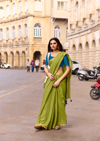 Green Mul Cotton Ready To Wear/Easy Saree