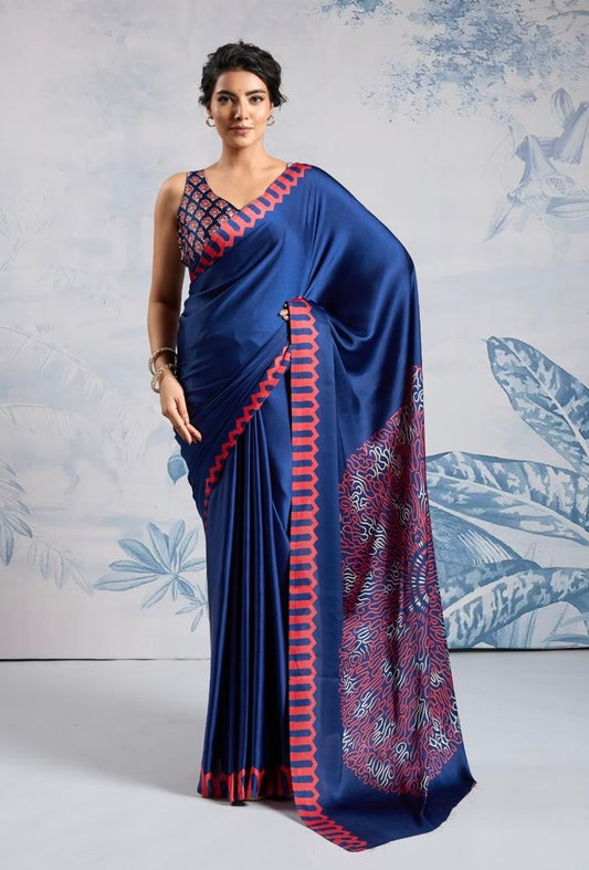 Plain Blue Readymade Crepe Silk Saree