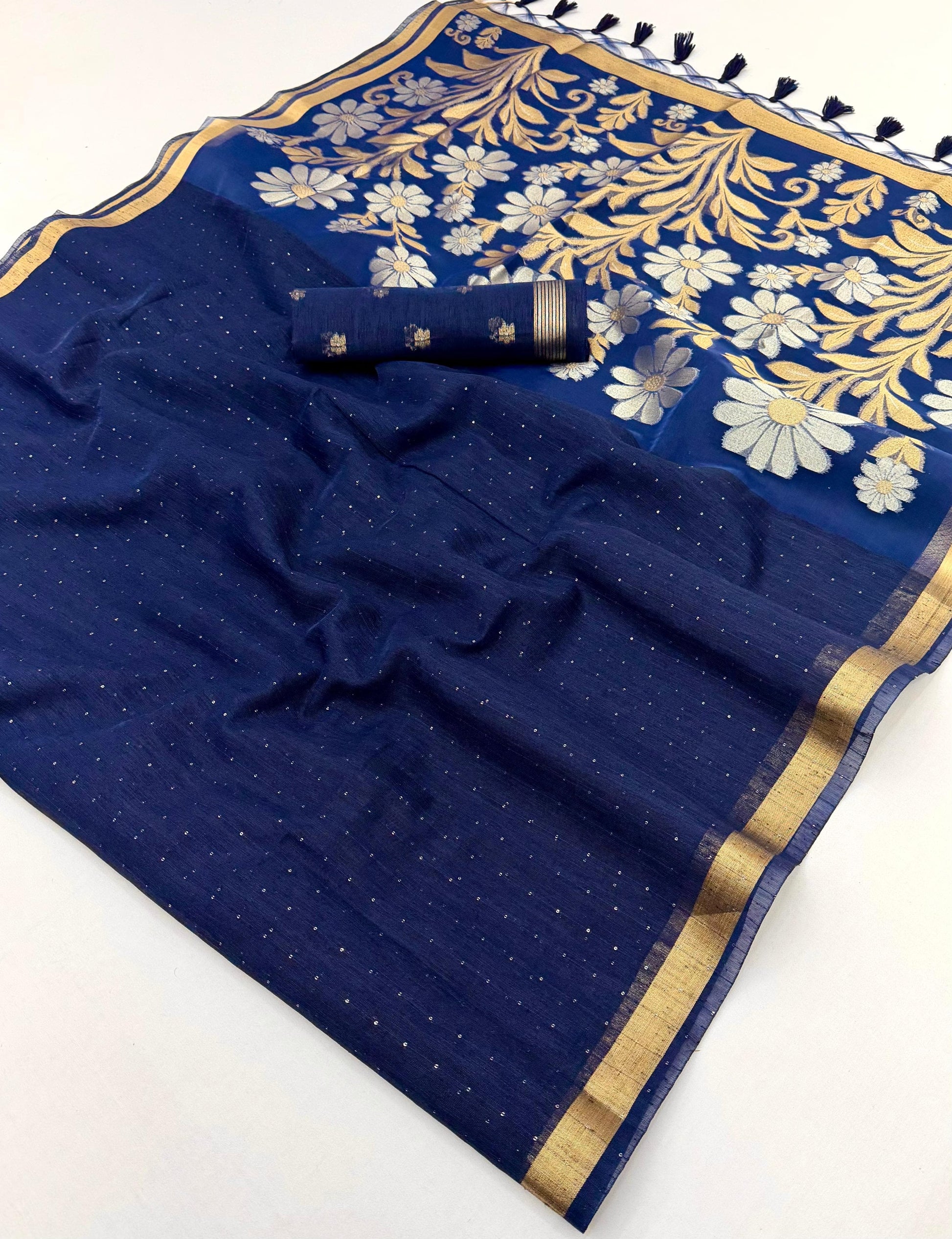 Navy Blue Munga Silk Readymade/Easy Saree - Panaash Saree