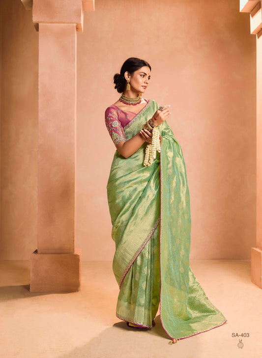 Mint Color Designer Kanjivaram Silk Readymade/Easy Saree With Desiger Blouse Piece