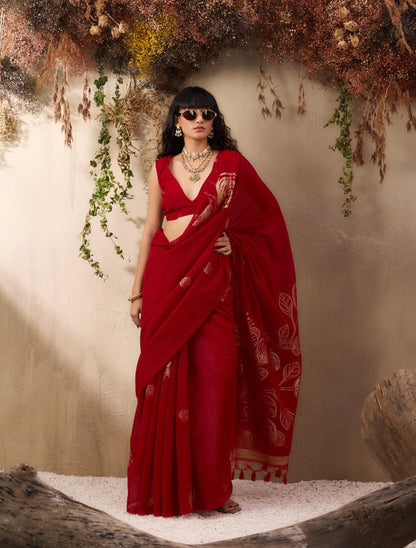 Red Munga Silk Readymade/Easy Saree - Panaash Saree