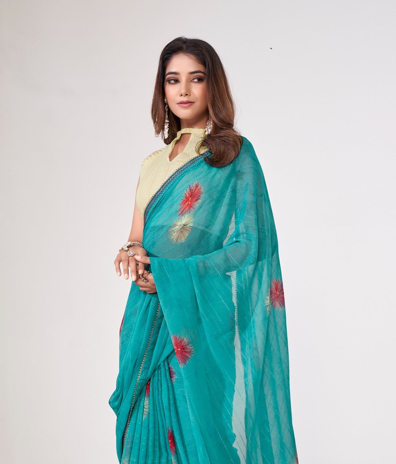 Turquoise Color Georgette Readymade/Easy Saree