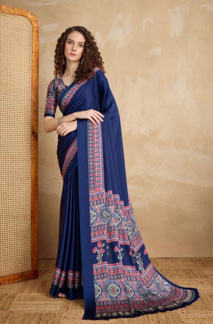 Plain Blue Readymade Ajrakh Saree