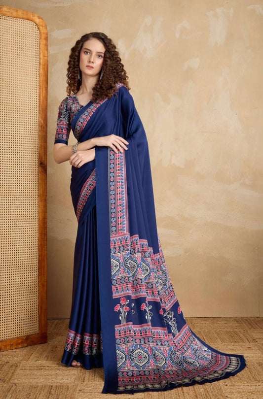 Plain Blue Readymade Ajrakh Saree