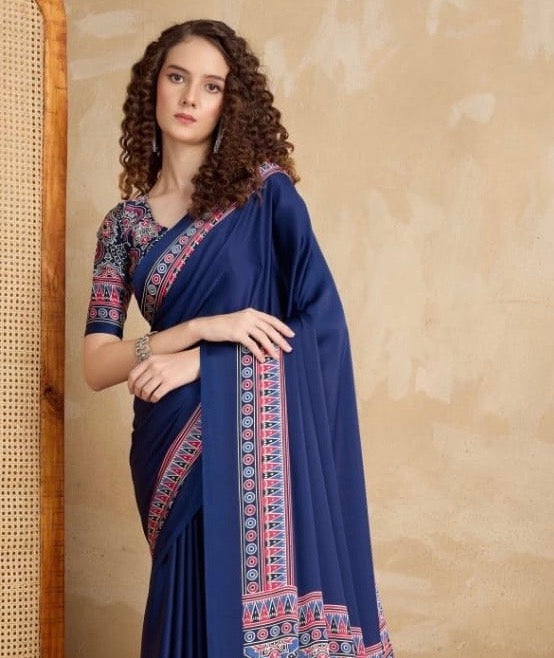 Plain Blue Readymade Ajrakh Saree