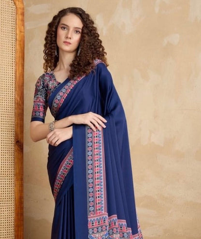 Plain Blue Readymade Ajrakh Saree