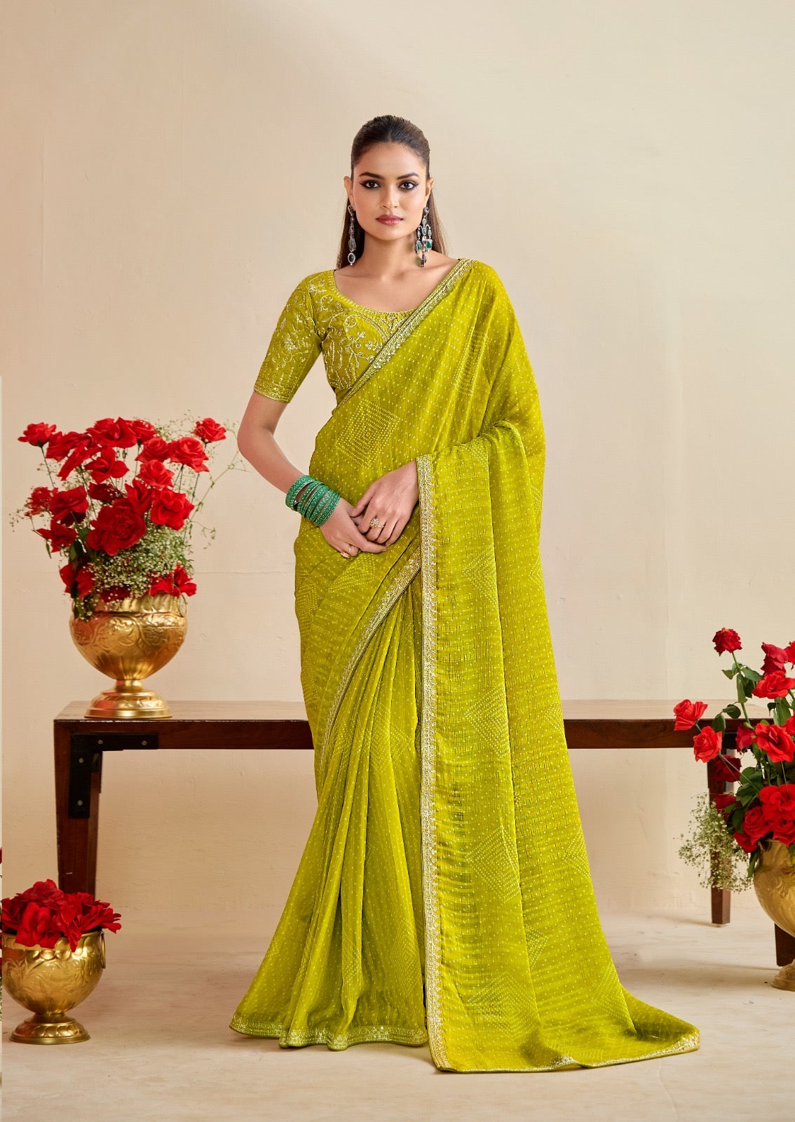 Lime Green Georgette Readymade/Easy Saree