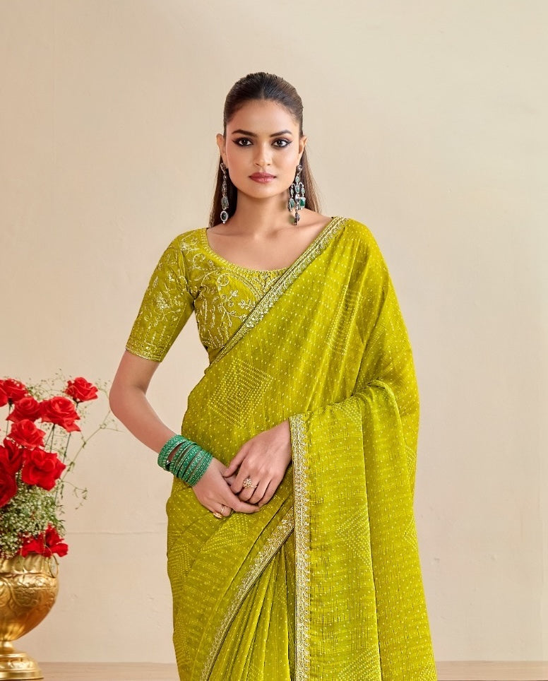 Lime Green Georgette Readymade/Easy Saree