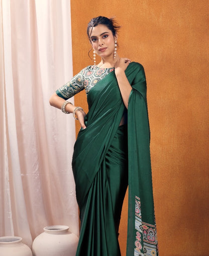 Plain Green – Readymade Ajrakh Saree