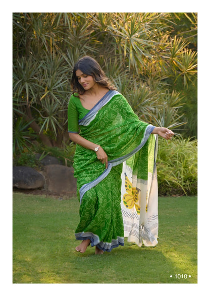 Green Linen Cotton Casual Readymade/Easy Saree