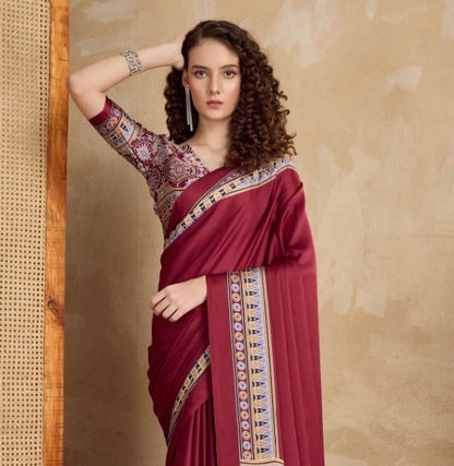 Plain Red Readymade Ajrakh Saree